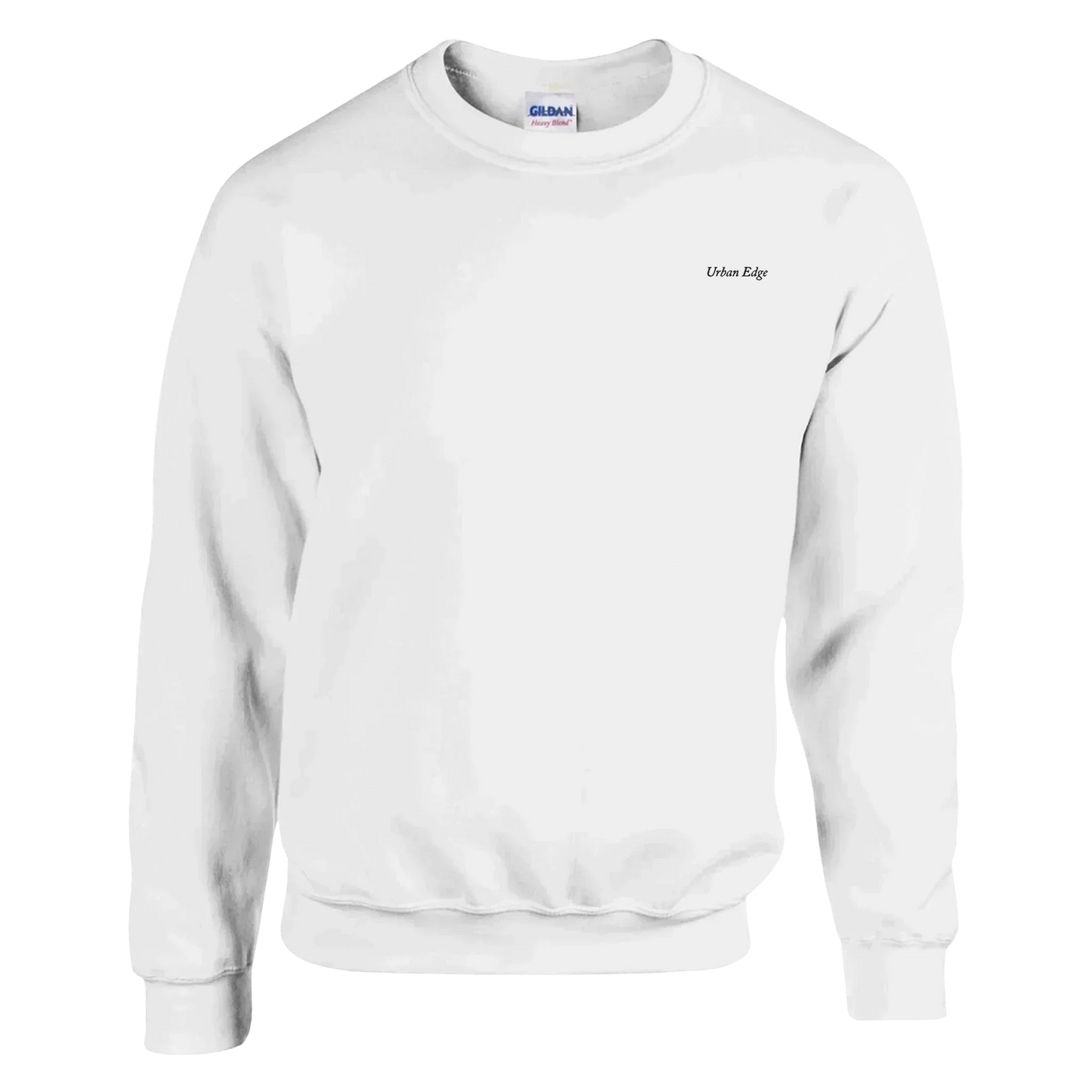 Classic unisex crewneck sweatshirt in white, made of soft 50% cotton and 50% polyester blend with durable stitching and ribbed cuffs.