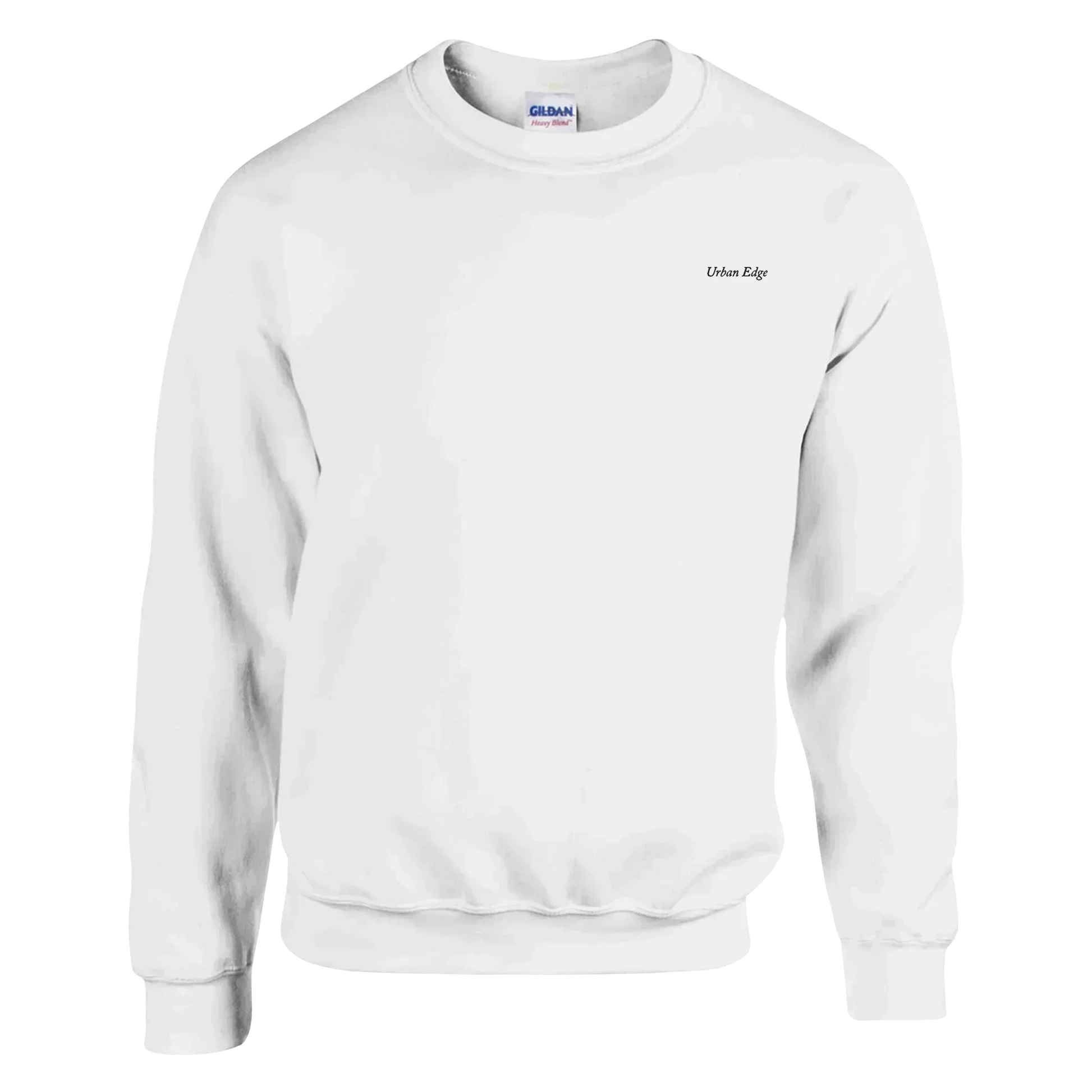 Classic unisex crewneck sweatshirt in white, made of soft 50% cotton and 50% polyester blend with durable stitching and ribbed cuffs.