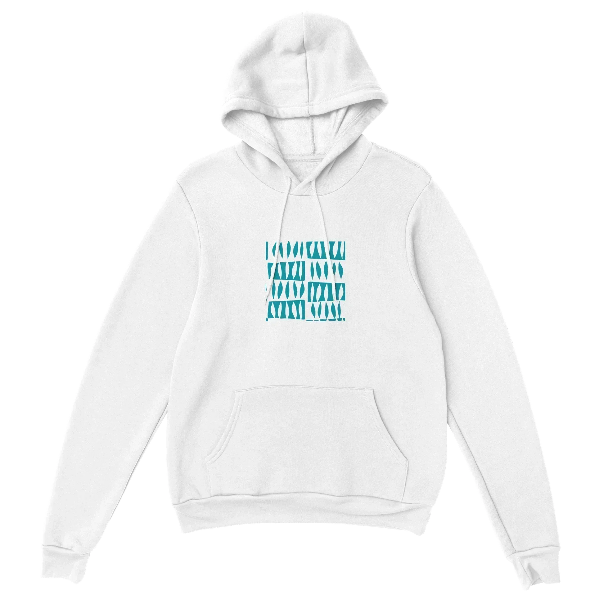 White heavy blend hoodie with blue geometric design, featuring a double-lined hood and front pouch pocket.