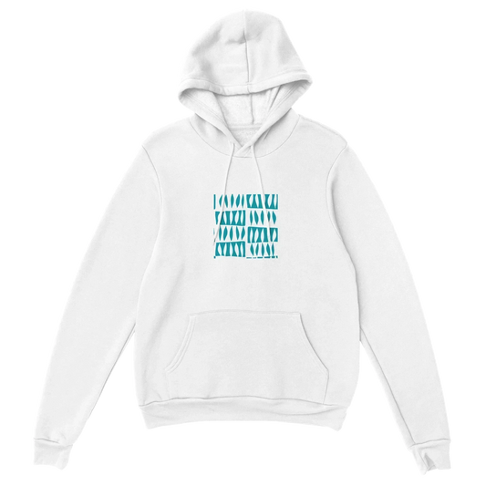 White heavy blend hoodie with blue geometric design, featuring a double-lined hood and front pouch pocket.
