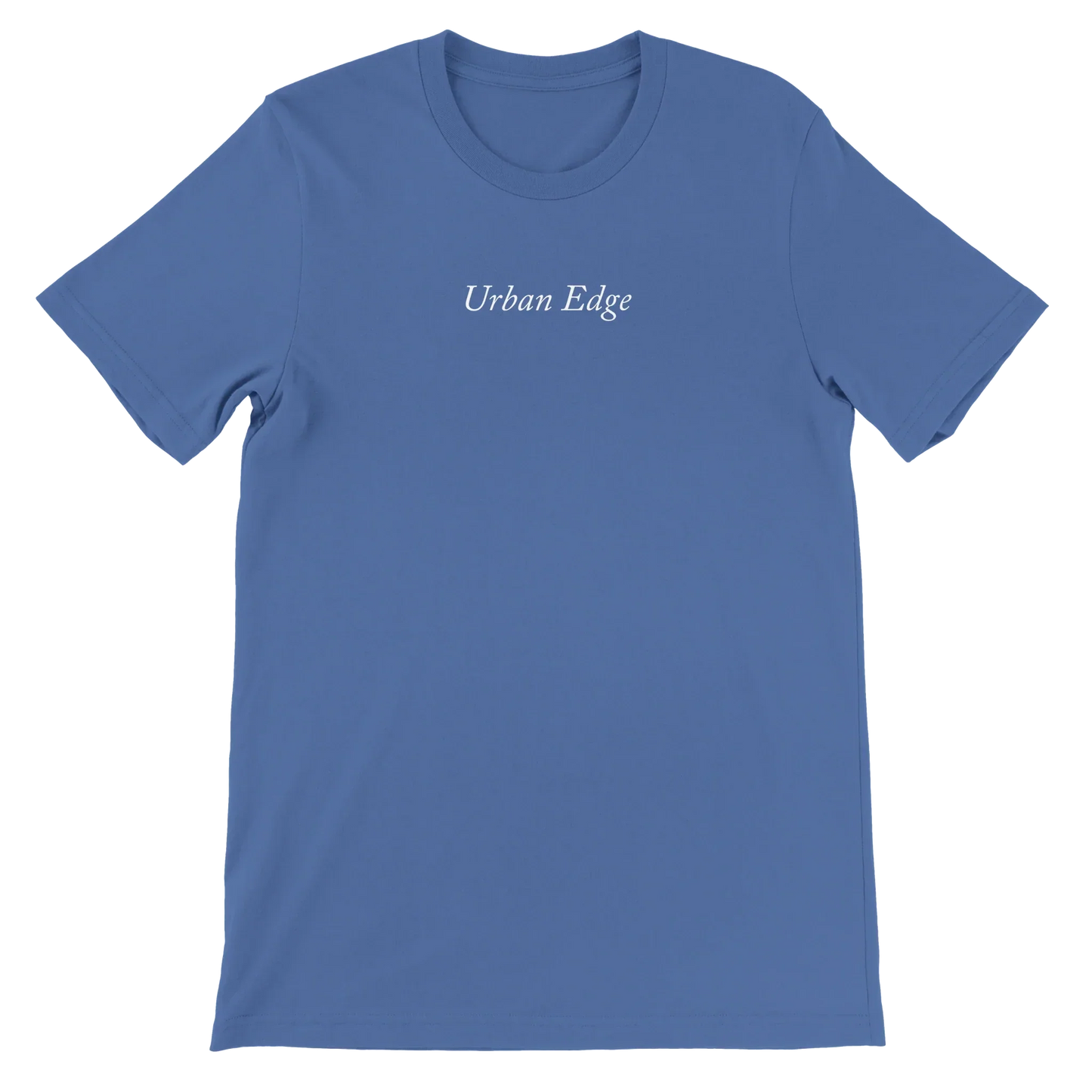 Soft blue unisex crewneck t-shirt with "Urban Edge" text, made from 100% Airlume cotton, designed for comfort and DTG printing.