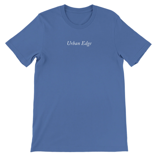 Soft blue unisex crewneck t-shirt with "Urban Edge" text, made from 100% Airlume cotton, designed for comfort and DTG printing.