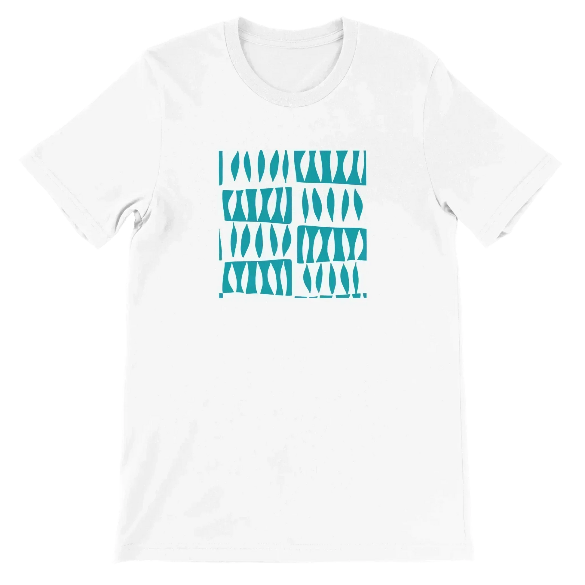 Premium unisex crewneck t-shirt in white with teal abstract geometric print, made of 100% soft Airlume cotton, comfortable tailored fit, ideal for casual wear and customizable printing.