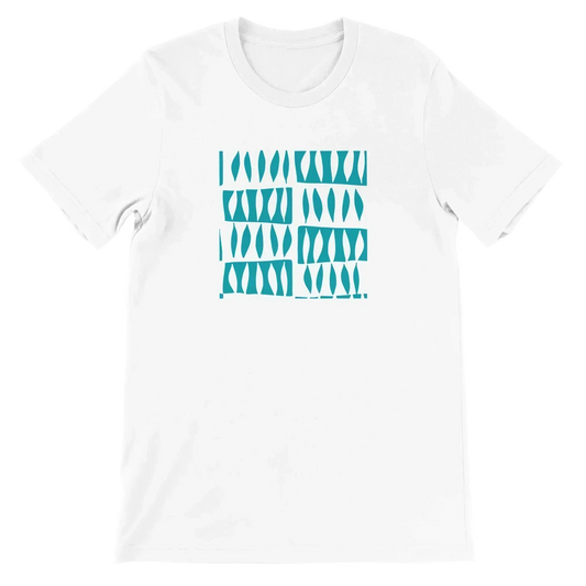 Premium unisex crewneck t-shirt in white with teal abstract geometric print, made of 100% soft Airlume cotton, comfortable tailored fit, ideal for casual wear and customizable printing.