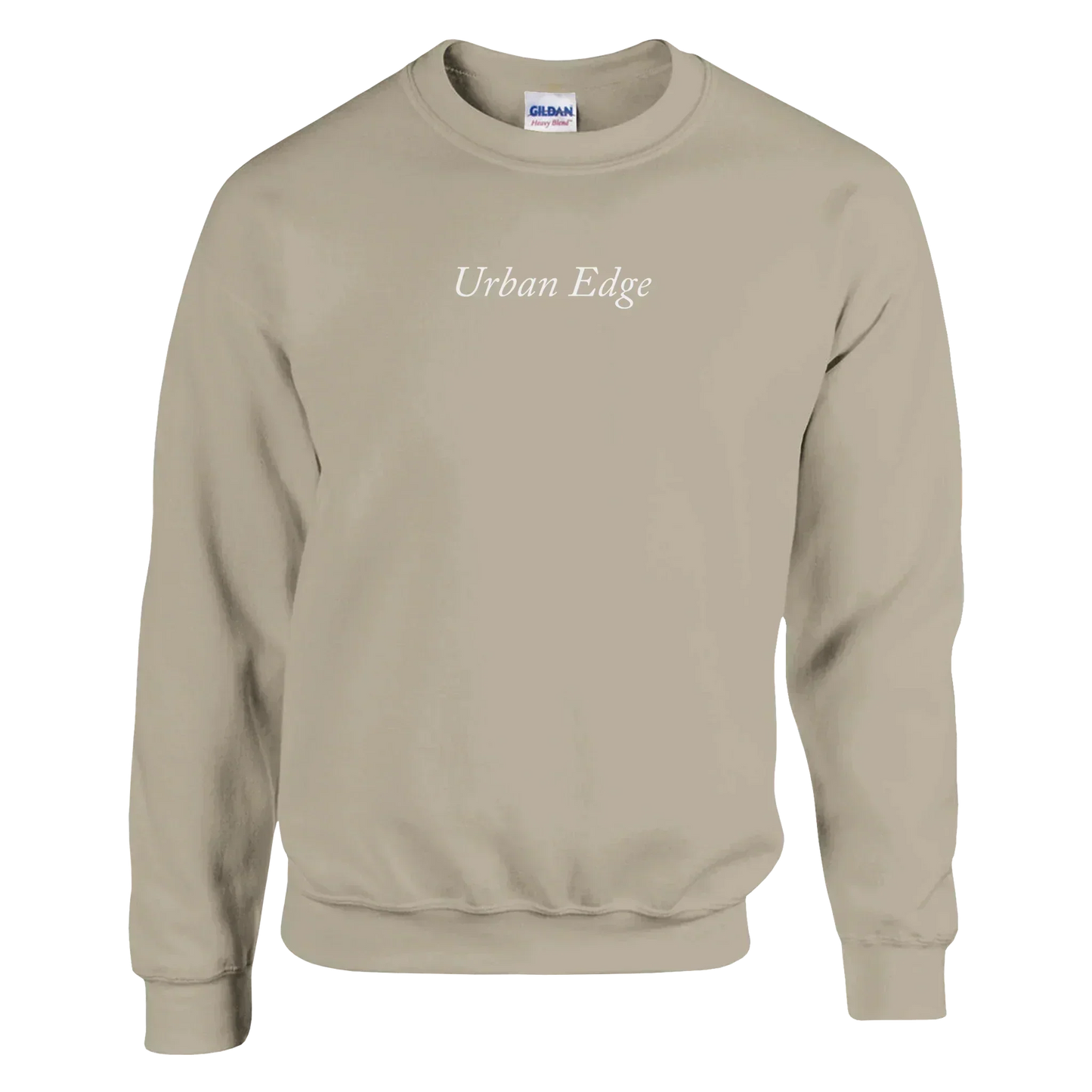 Classic unisex crewneck sweatshirt in beige with "Urban Edge" text, made from soft cotton-polyester blend, featuring ribbed cuffs and waistband.