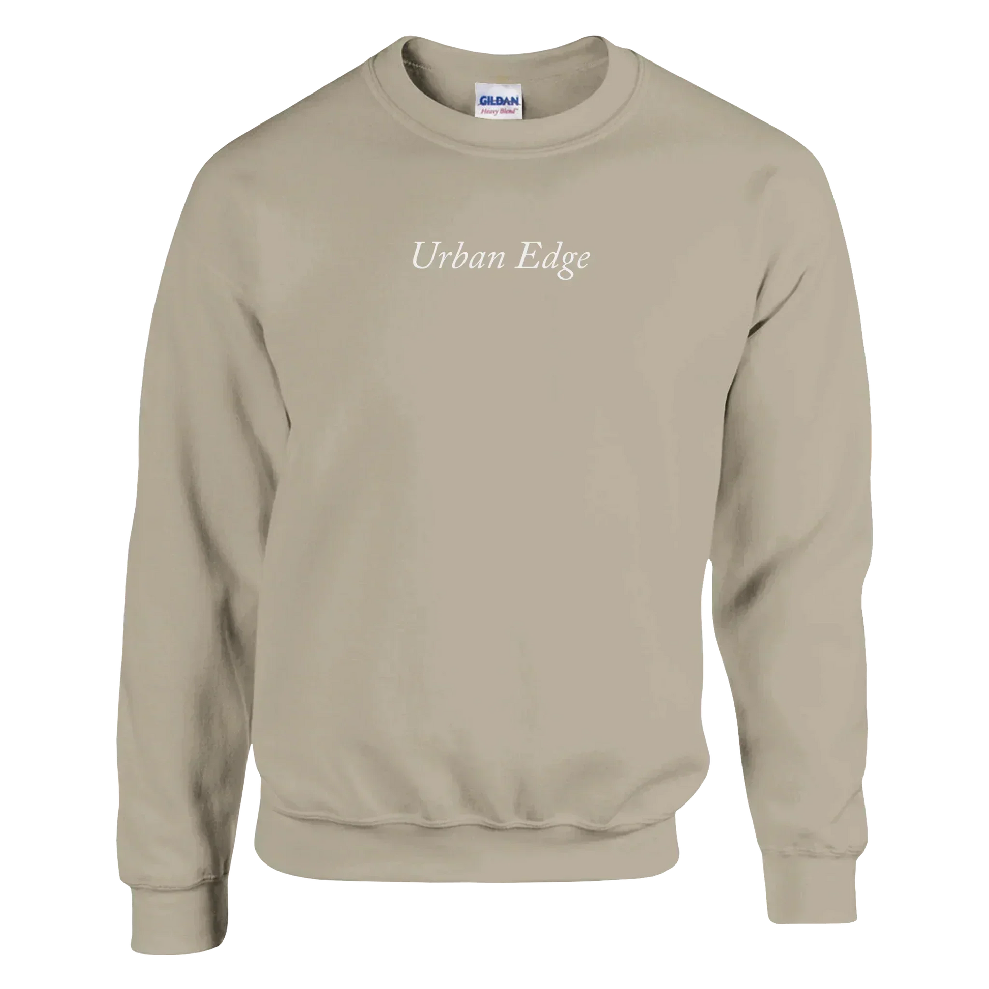 Classic unisex crewneck sweatshirt in beige with "Urban Edge" text, made from soft cotton-polyester blend, featuring ribbed cuffs and waistband.