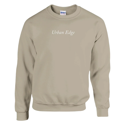 Classic unisex crewneck sweatshirt in beige with "Urban Edge" text, made from soft cotton-polyester blend, featuring ribbed cuffs and waistband.
