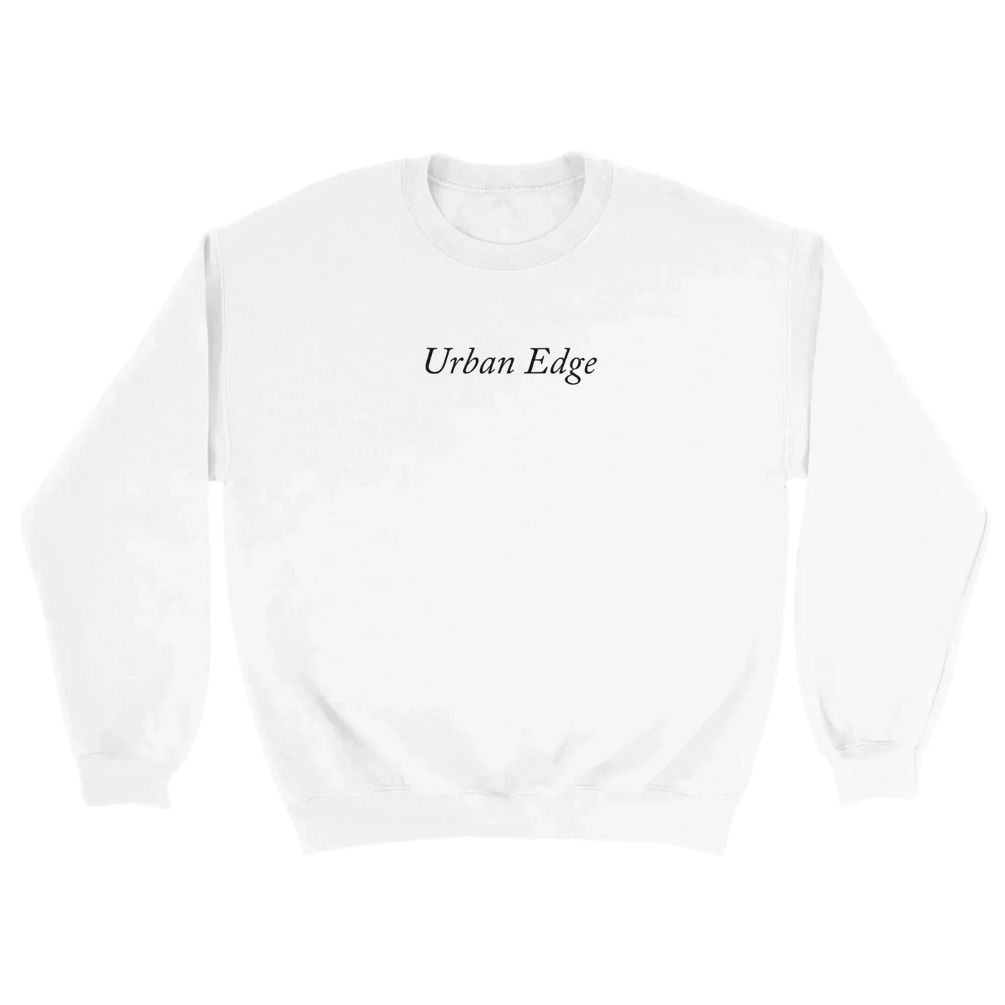White Classic Unisex Crewneck sweatshirt by Gildan with Urban Edge text, soft cotton-polyester blend, ribbed cuffs and waistband, and comfortable fit.