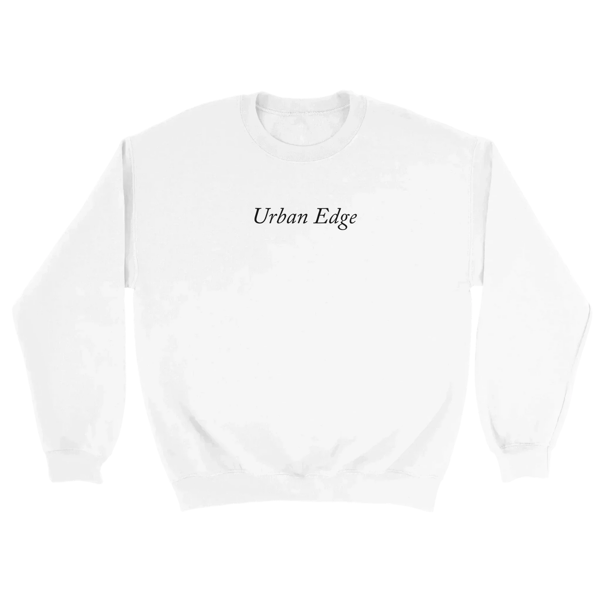 White Classic Unisex Crewneck sweatshirt by Gildan with Urban Edge text, soft cotton-polyester blend, ribbed cuffs and waistband, and comfortable fit.