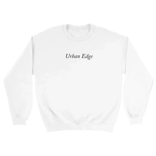 White Classic Unisex Crewneck sweatshirt by Gildan with Urban Edge text, soft cotton-polyester blend, ribbed cuffs and waistband, and comfortable fit.