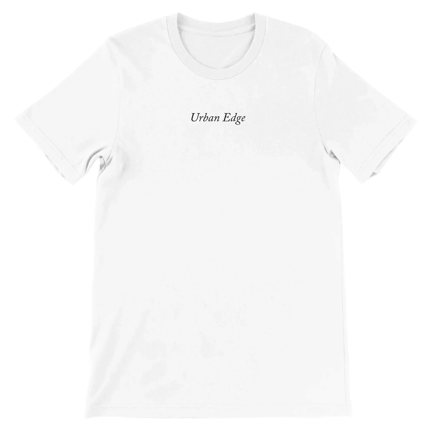 White premium unisex crewneck t-shirt with "Urban Edge" text, made from soft 100% Airlume cotton, ideal for DTG printing.