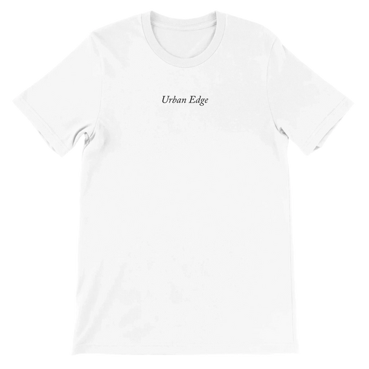 White premium unisex crewneck t-shirt with "Urban Edge" text, made from soft 100% Airlume cotton, ideal for DTG printing.