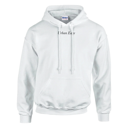 Classic unisex white pullover hoodie with double-lined hood, front pouch pocket, and rib knit cuffs and waistband.