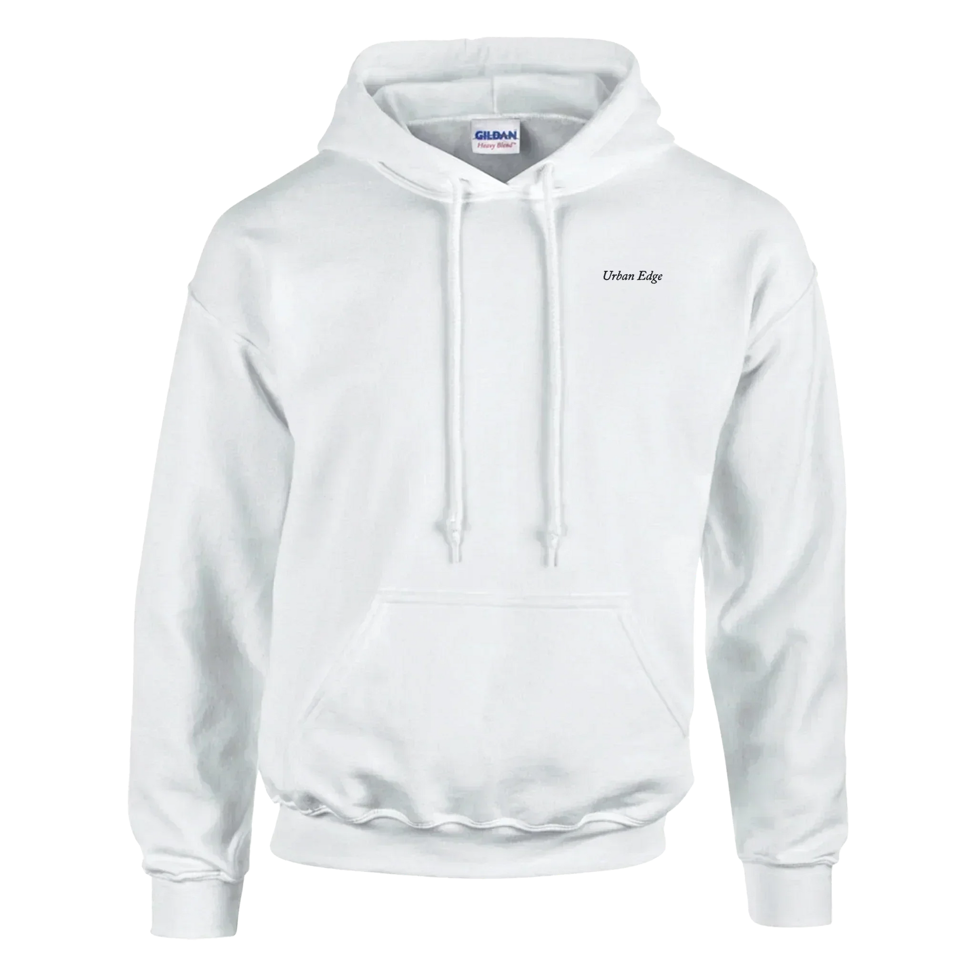 White Classic Unisex Pullover Hoodie by Gildan with double-lined hood and front pouch pocket